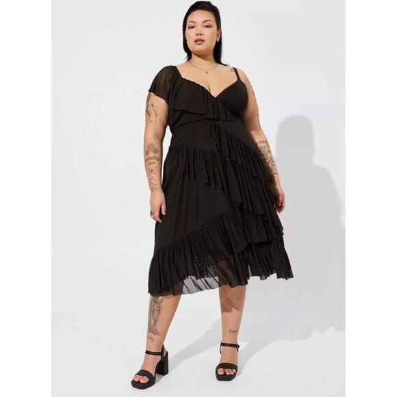 Torrid 3 (3X) Black Midi Mesh Ruffle Surplice Dress Cocktail Party - Picture 1 of 11